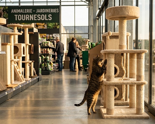 Un chat regarde un arbre à chat dans une jardinerie Tournesols.